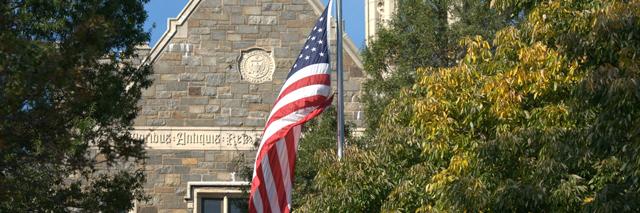 US flag in front of Healy Hall