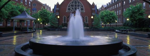 Fountain in front of Dahlgren Chapel